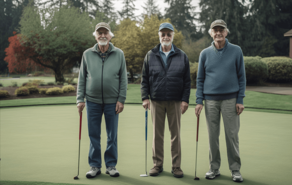 three men standing on a putting green