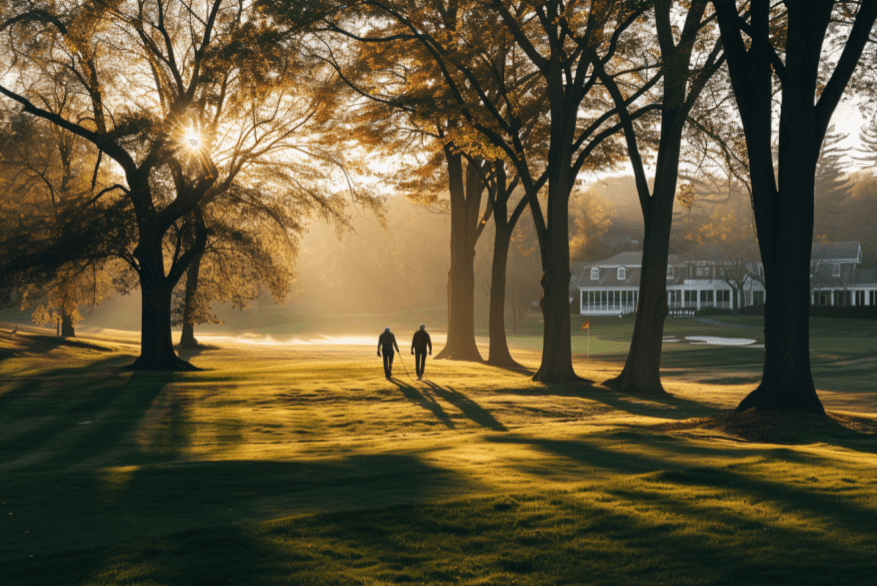 two friends walking to the putting green