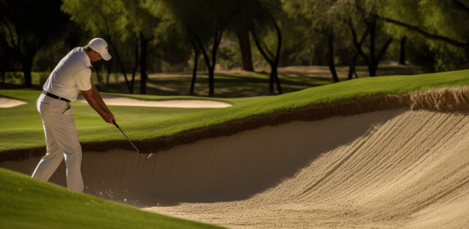 Golfer hitting a bunker shot onto the green