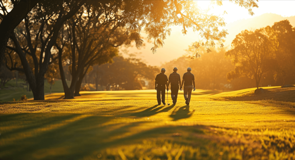Three golfers walking down the fairway