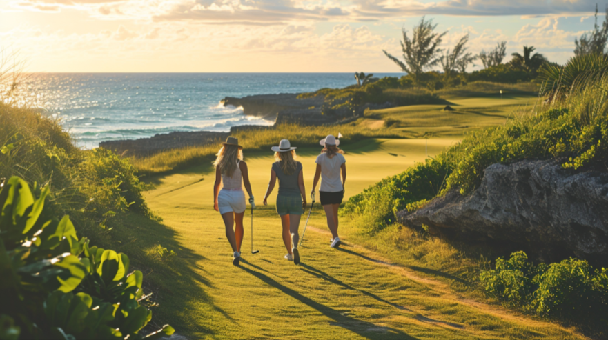 three women playing golf