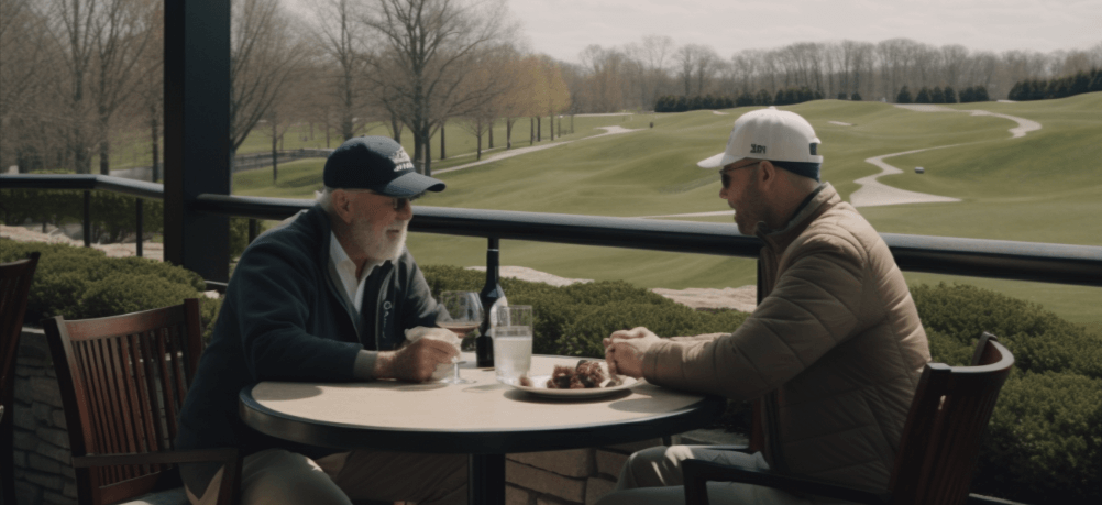 two men having lunch on patio with a golf course in the background