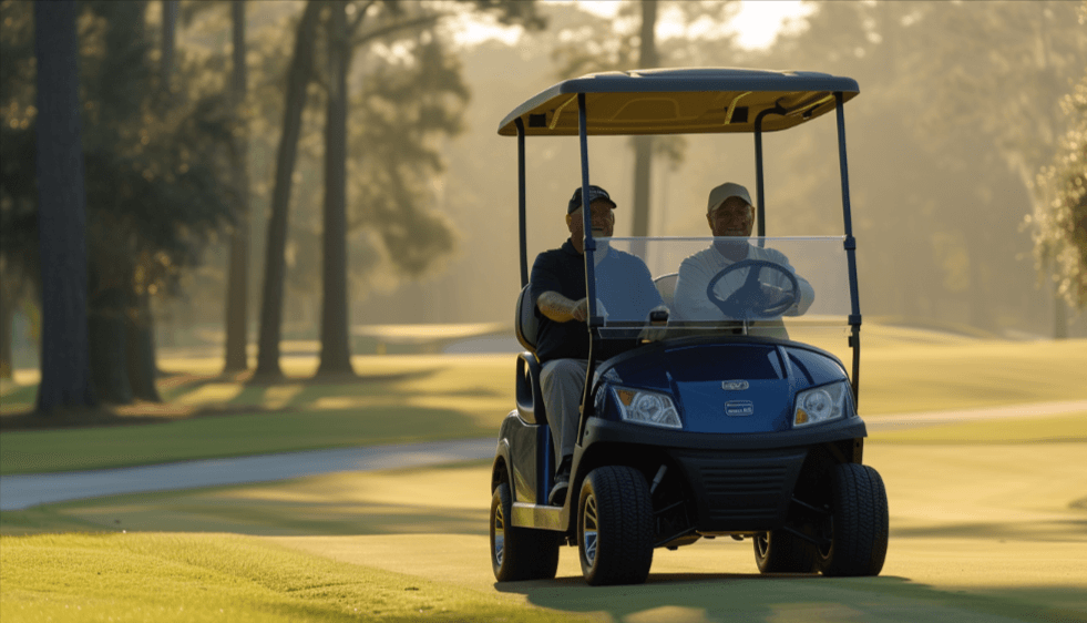 2_men_in_a_golf_cart_driving_down_a_fairway