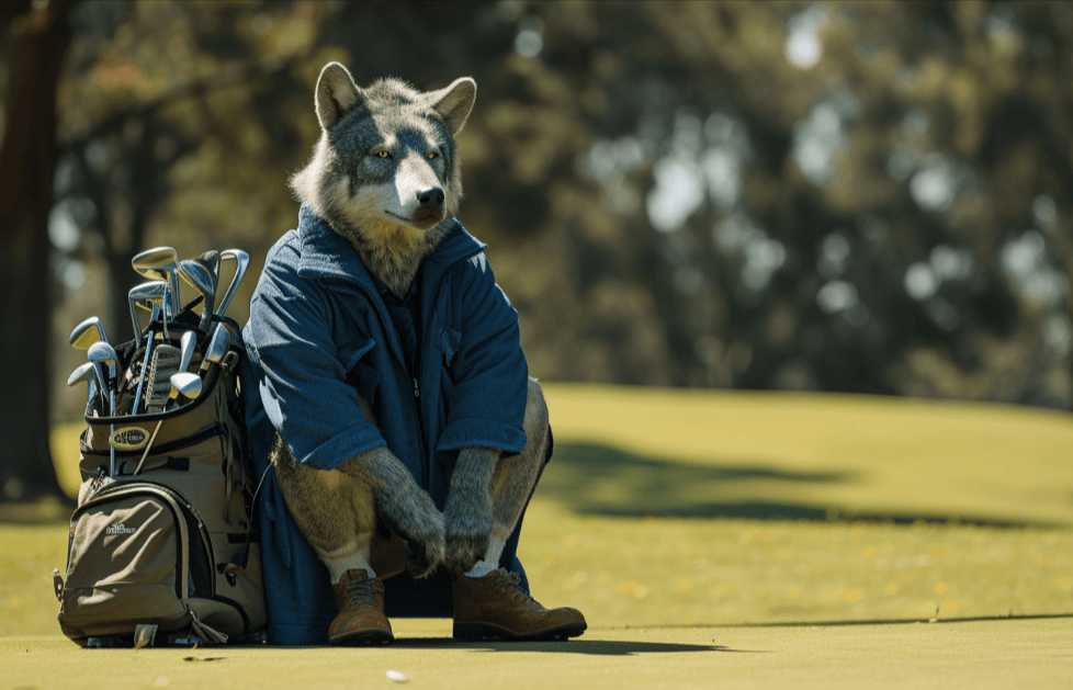The big bad wolf sitting next to his golf bag on the putting green