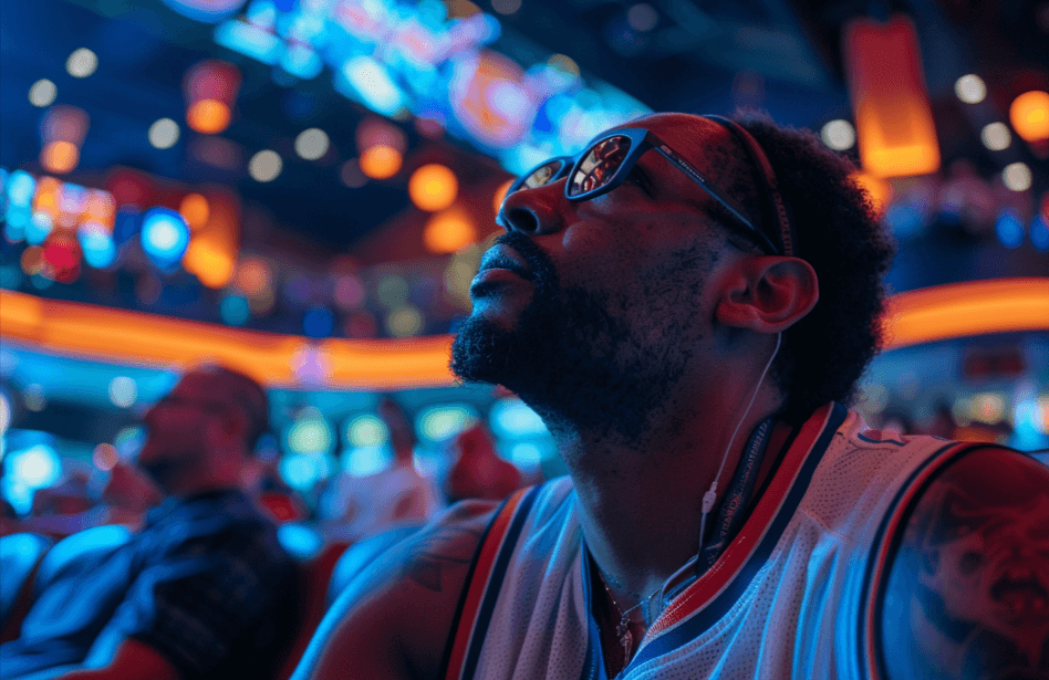 A basketball fan watching a game in a casino sportsbook