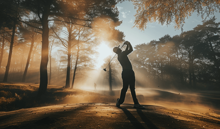 Golfer swinging his club in the morning sunlight