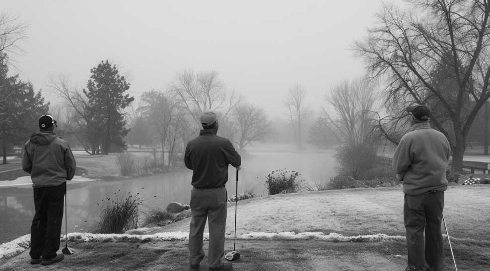 three golfers standing in the teebox